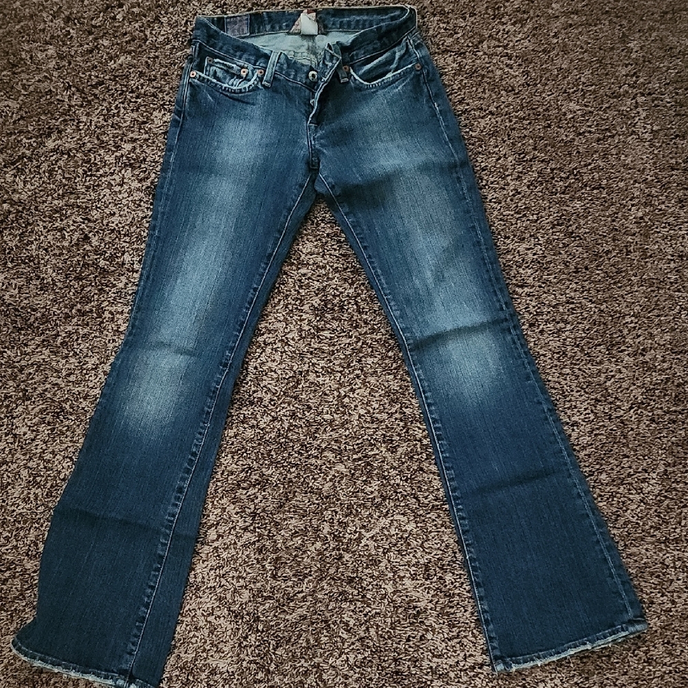 Lucky Brand Blue Flare Wide Leg Jeans with Distressed Look